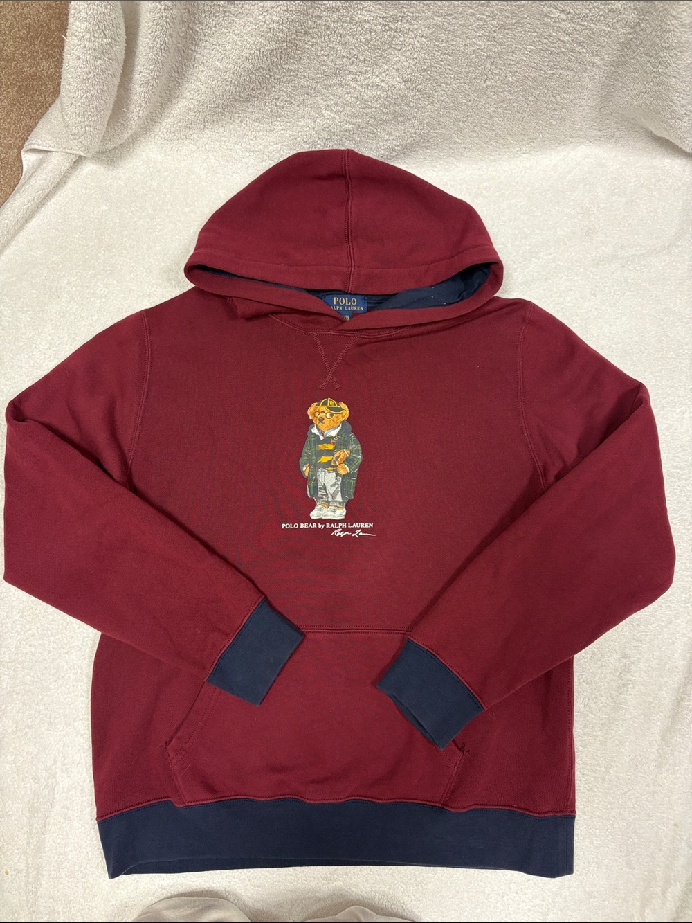 Polo Ralph Lauren football bear burgundy navy pullover hoodie boys xl 18/20